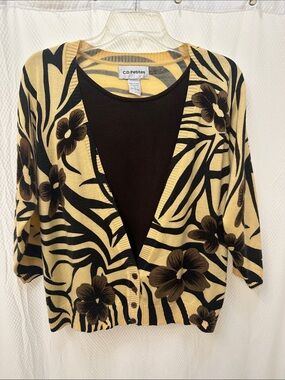 C.D. Petites Layered Look Floral Zebra Print Cardigan Sweater Top – Size L